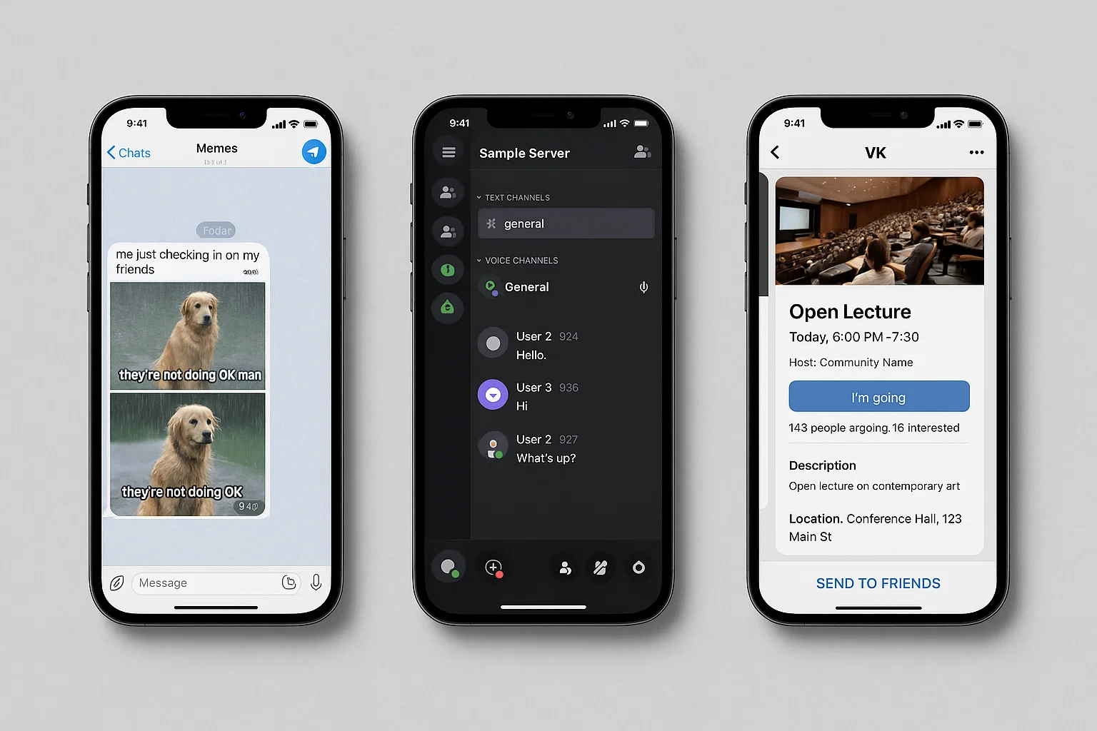 Коллаж скриншотов из Telegram, Discord и VK